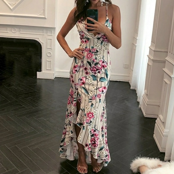 Floral Maxi Ruffles Front Slit Dress Gown - Picture 4 of 6